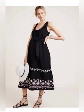 Hatch Black Maternity Martinique Linen Blend Dress Embroidery Women's 3 L 10-12